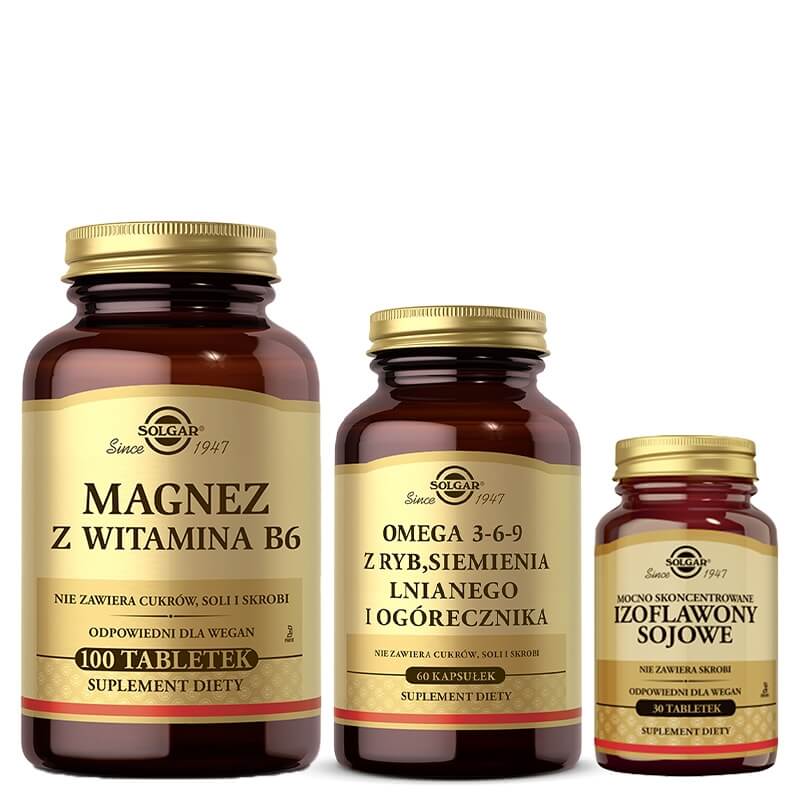 Solgar Dobre Samopoczucie i Wsparcie Dla Kobiet ZESTAW Izoflawony Sojowe 30 tabletek + Omega 3-6-9 60 kapsułek + Magnez z Witaminą B6 100 tabletek