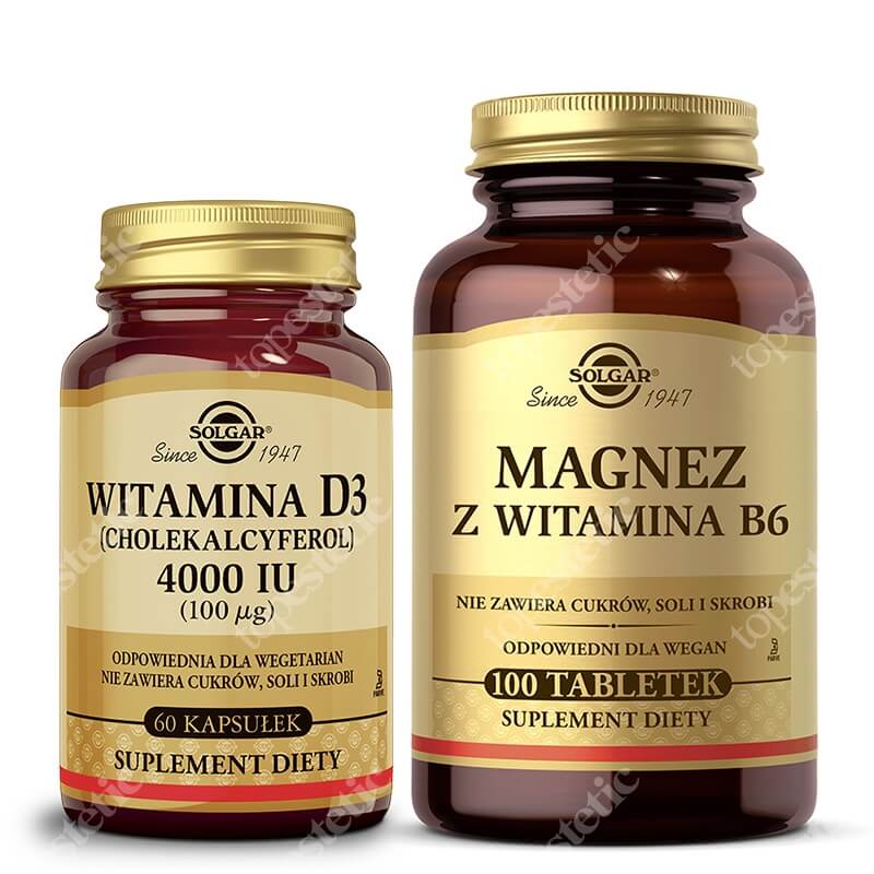 Solgar Magnez z Witaminą B6 + Witamina D3 4000 IU (100ug) ZESTAW 100 tabletek + Cholekalcyferol 60 kaps.