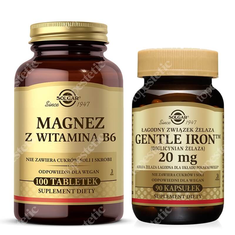 Solgar Magnez z Witaminą B6 + Żelazo ZESTAW 100 tabletek + Gentle Iron - łagodny preparat żelaza 20 mg dwuglicynian żelaza 90 kapsułek