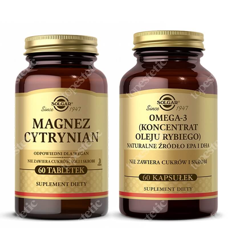 Solgar Omega 3 + Magnez Cytrynian ZESTAW Naturalne źródło EPA i DHA. Koncentrat Oleju Rybiego 60 kapsułek + Wysoka potencja, wysoka przyswajalność 60 tabletek