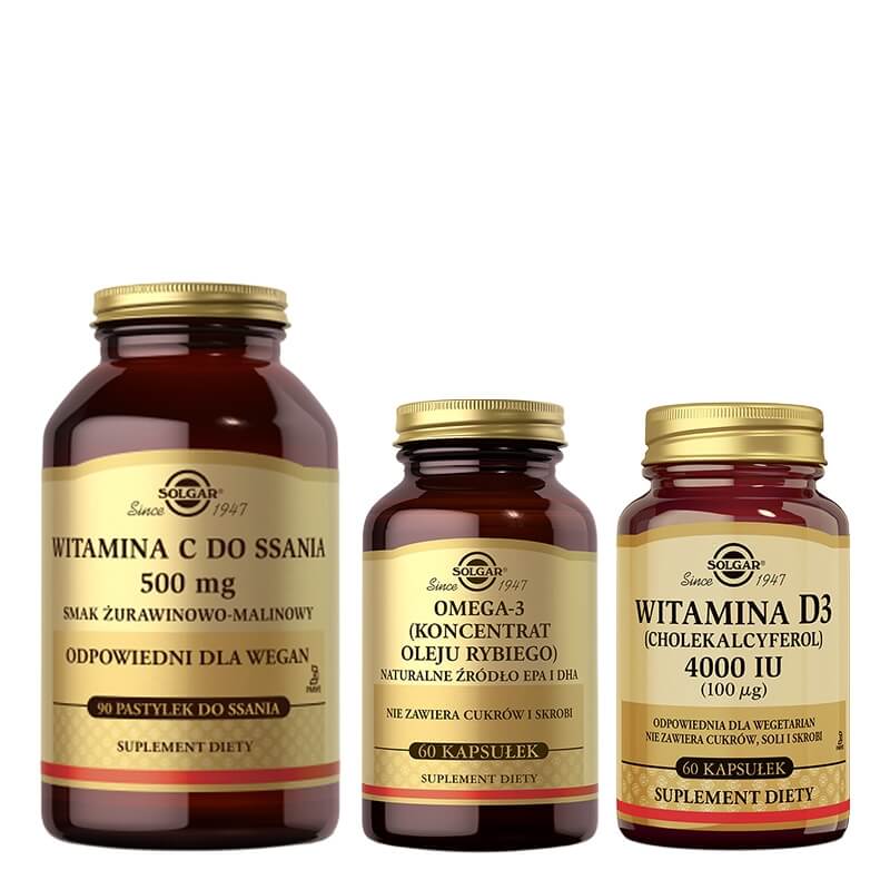 Solgar Omega-3 + Witamina C + Witamina D3 ZESTAW Omega-3 60 kapsułek + Witamina C do ssania 90 pastylek + Witamina D3 60 kaps.