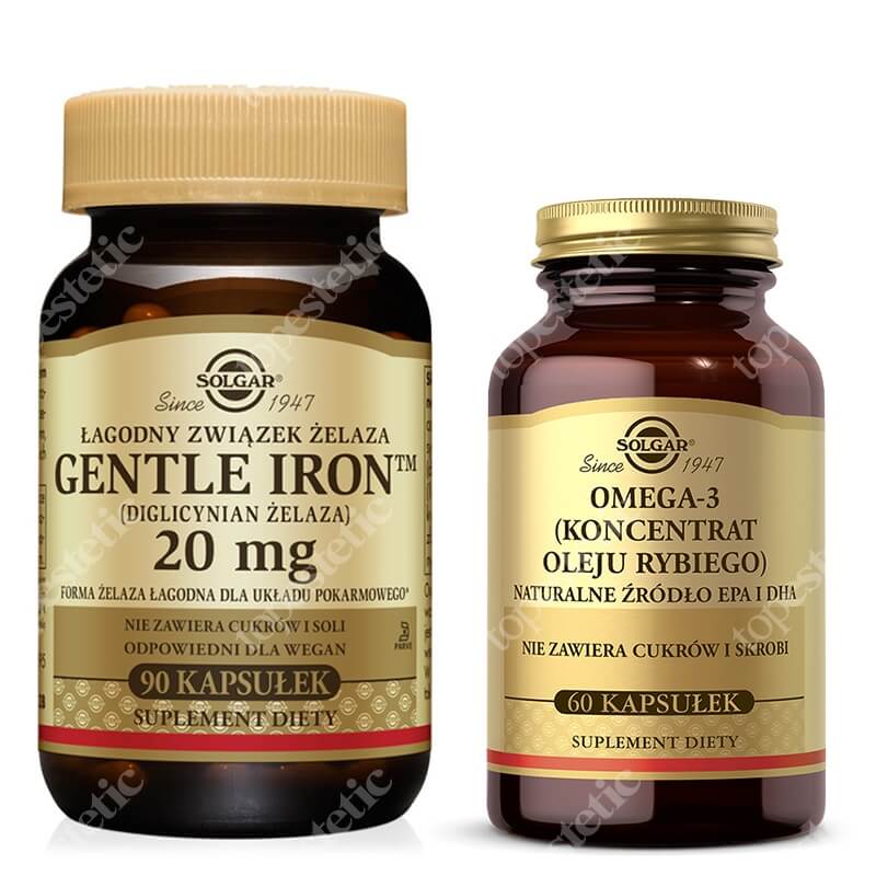 Solgar Omega 3 + Żelazo ZESTAW Koncentrat Oleju Rybiego 60 kapsułek + Preparat żelaza 20 mg 90 kapsułek