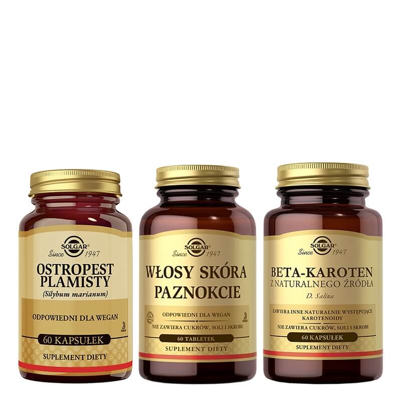Solgar Ostropest Plamisty + Włosy, Skóra, Paznokcie + Beta-karoten ZESTAW Milk Thistle 60 kapsułek + Wsparcie skóry, włosów i paznokci 60 tabletek + D. salina 60 kapsułek