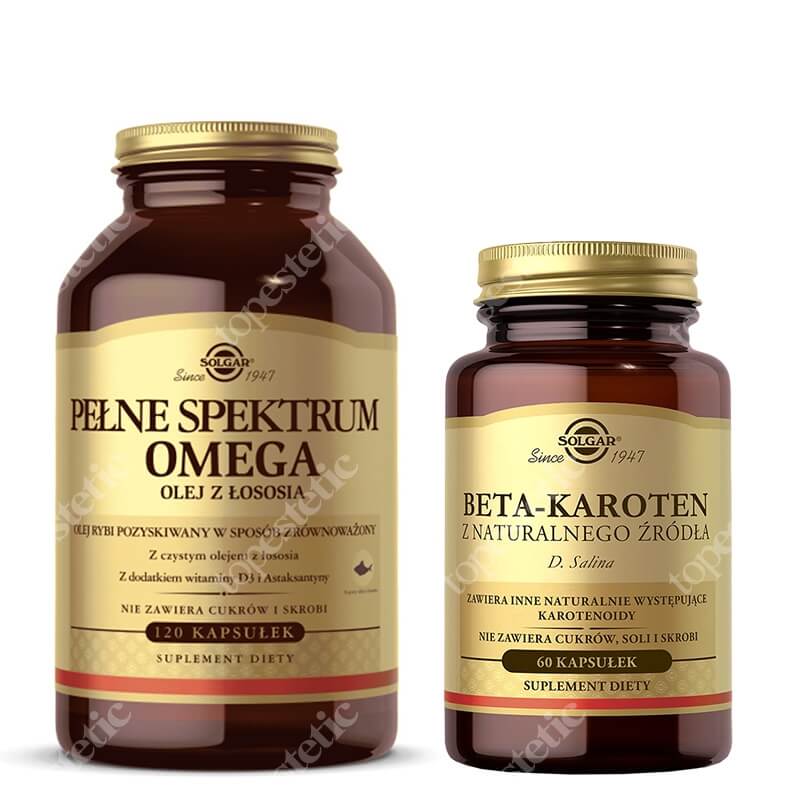 Solgar Pełne Spektrum Omega + Beta-karoten z naturalnego źródła ZESTAW Olej z łososia 120 kapsułek + D. salina 60 kapsułek