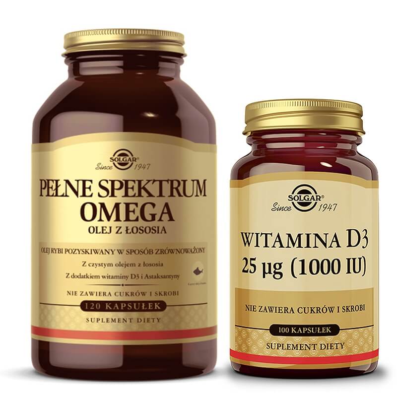 Solgar Pełne Spektrum Omega + Witamina D3, 25 µg (1000 IU) ZESTAW Olej z łososia 120 kapsułek + 100 kapsułek