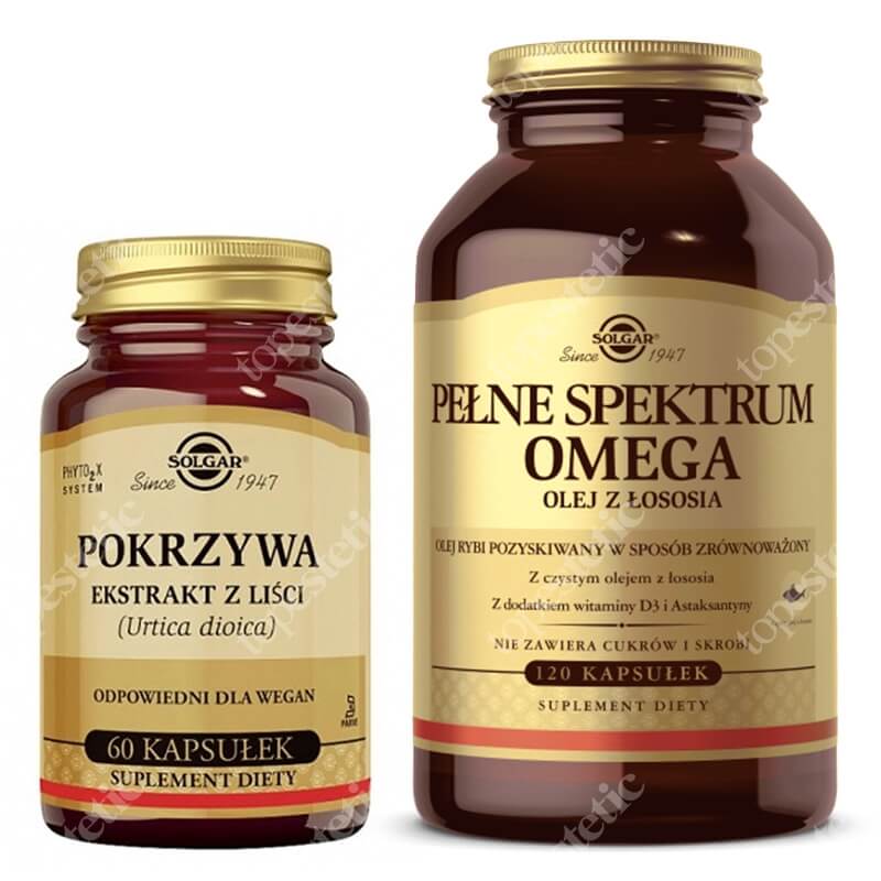 Solgar Pokrzywa + Pełne Spektrum Omega ZESTAW Ekstrakt z liści 60 kapsułek + Olej z łososia 120 kapsułek