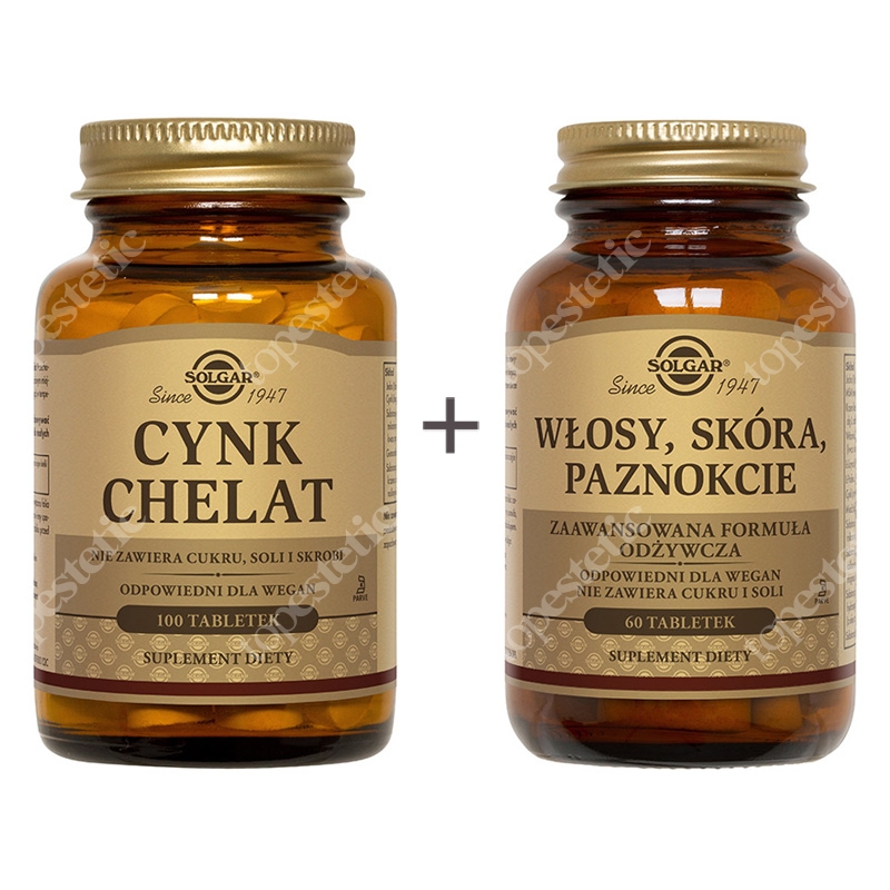Solgar Skóra Tłusta ZESTAW Formuła Włosy, Skóra, Paznokcie 60 tabl. + Cynk chelat aminokwasowy 100 tabl.