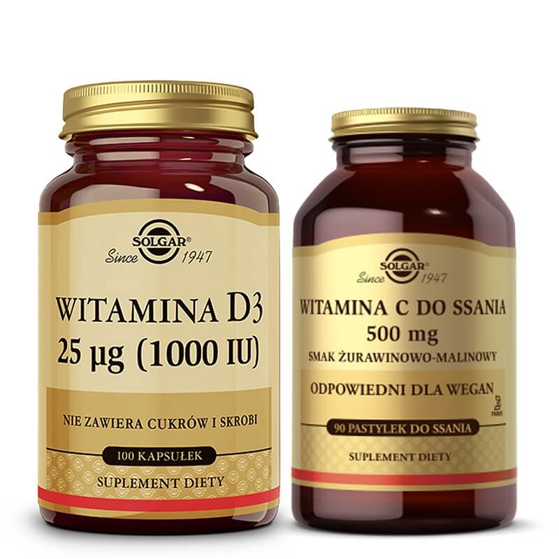 Solgar Witamin Set ZESTAW Witaina C do ssania 90 pastylek + Witamina D3 100 kapsułek