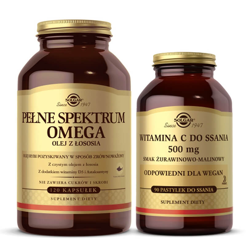 Solgar Witamina C + Omega ZESTAW Witamina C do ssania 90 pastylek + Olej z łososia 120 kapsułek