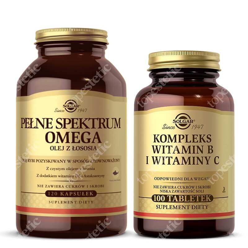 Solgar Witaminy B i C + Pełne Spektrum Omega ZESTAW Witaminy Bi C 100 szt + Olej z łososia 120 kapsułek