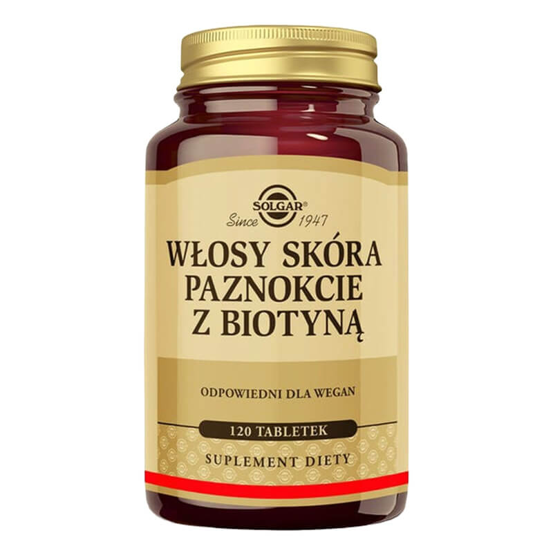 Solgar Włosy, Skóra, Paznokcie + Biotyna Wsparcie skóry, włosów i paznokci 120 tabletek