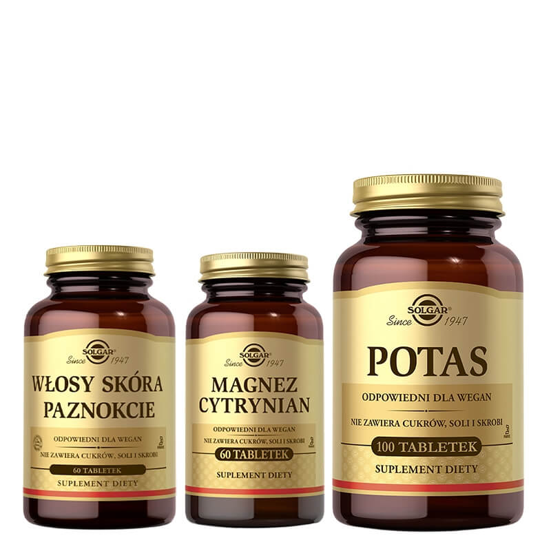 Solgar Włosy, Skóra, Paznokcie + Magnez Cytrynian + Potas ZESTAW Suplement diety 60 tabletek + Suplement diety 60 tabletek + Suplement diety 100 tabletek