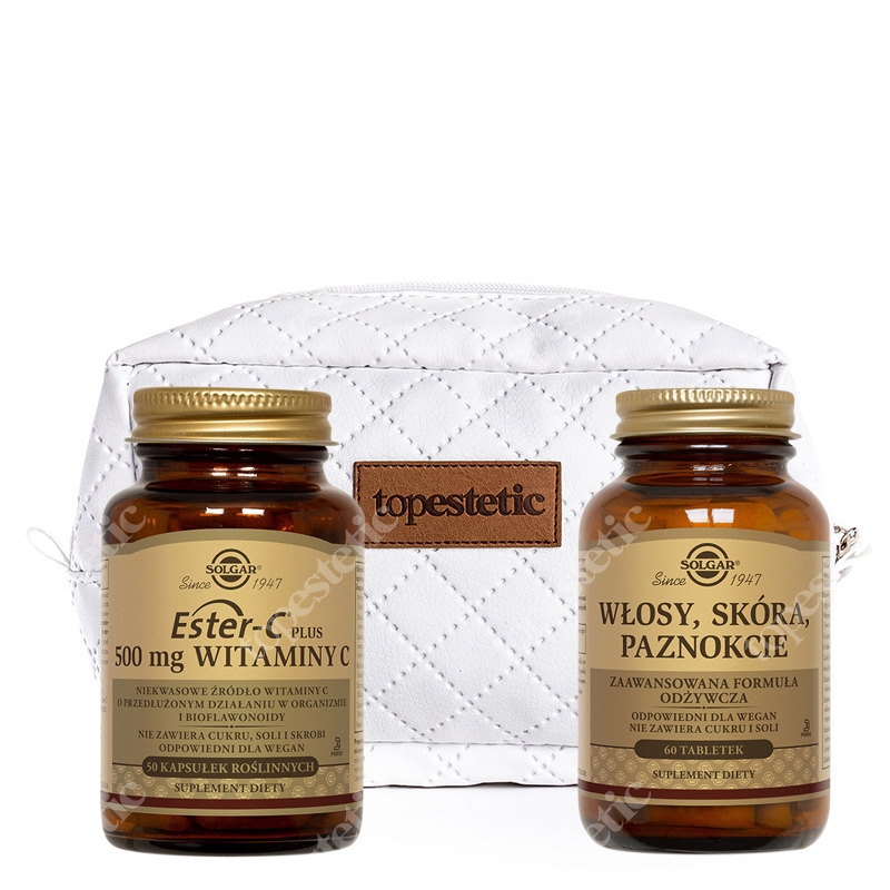 Solgar Włosy, Skóra, Paznokcie (WSP) + Ester-C Plus 500 mg Witaminy C ZESTAW Zaawansowana formuła odżywcza 60 tabletek + Wysoko przyswajalne niekwasowe źródło witaminy C i bioflawonoidy 50 kapsułek
