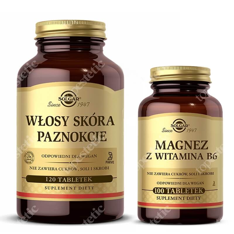 Solgar Włosy, Skóra, Paznokcie (WSP) + Magnez z Witaminą B6 ZESTAW Zaawansowana formuła odżywcza 120 tabletek + 100 tabletek