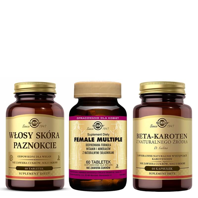 Solgar Women Set ZESTAW Włosy, skóra, paznokcie 60 tabletek + Beta-karoten 60 kapsułek + Formuła witamin i minerałów dla kobiet 60 tabletek