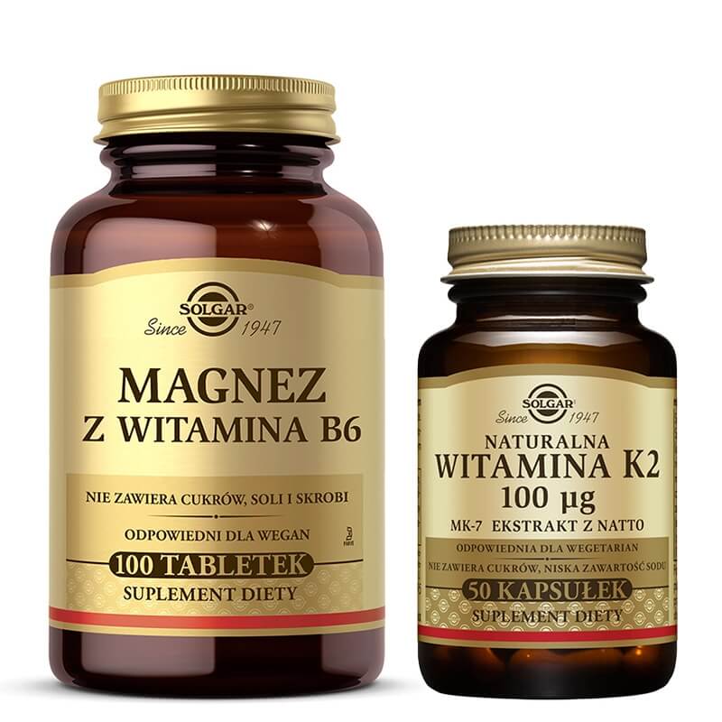 Solgar Wsparcie Układu Kostnego ZESTAW Magnez z Witaminą B6 100 tabletek + Witamina K2 100 µg 50 kapsułek