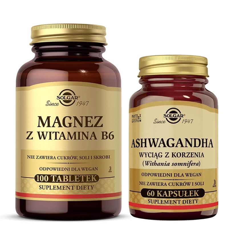 Solgar Wsparcie Układu Nerwowego i Odporność Na Stres ZESTAW Magnez z Witaminą B6 100 tabletek + Ashwagandha 60 kaps.