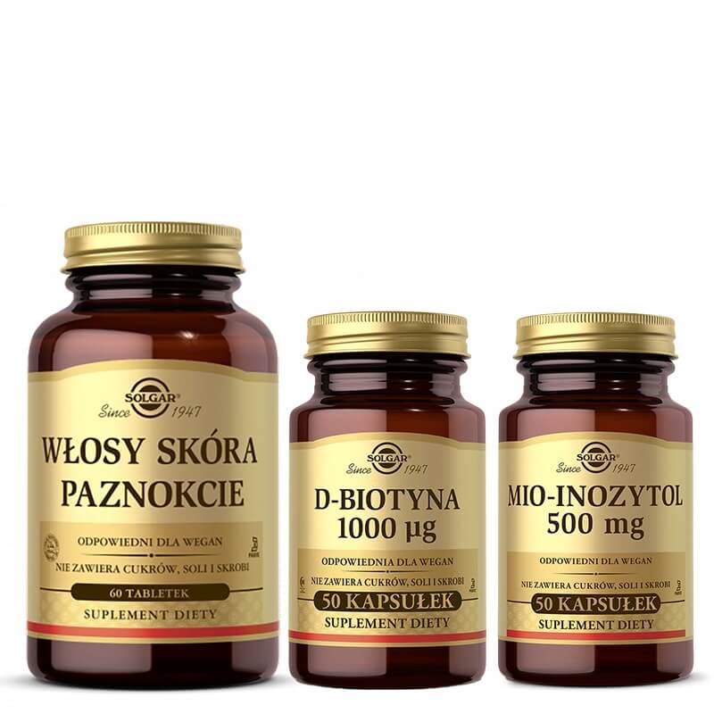 Solgar Wsparcie dla Włosów ZESTAW D-Biotyna 50 kapsułek + Włosy, Skóra, Paznokcie 60 tabletek + Mio-Inozytol 50 kapsułek