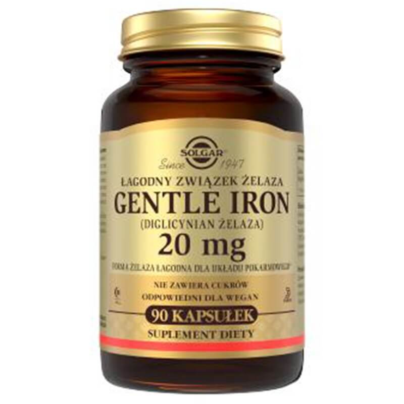 Solgar Żelazo Gentle Iron - łagodny związek żelaza 20 mg dwuglicynian żelaza 90 kapsułek