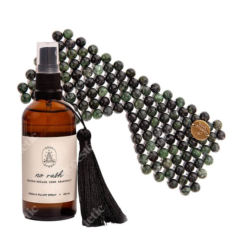 Soul Story Relax Time ZESTAW Maska na oczy z naturalnych kamieni jadeitowych 1 szt + Mgiełka zapachowa - zapach drewna, cytrusów oraz róży 100 ml