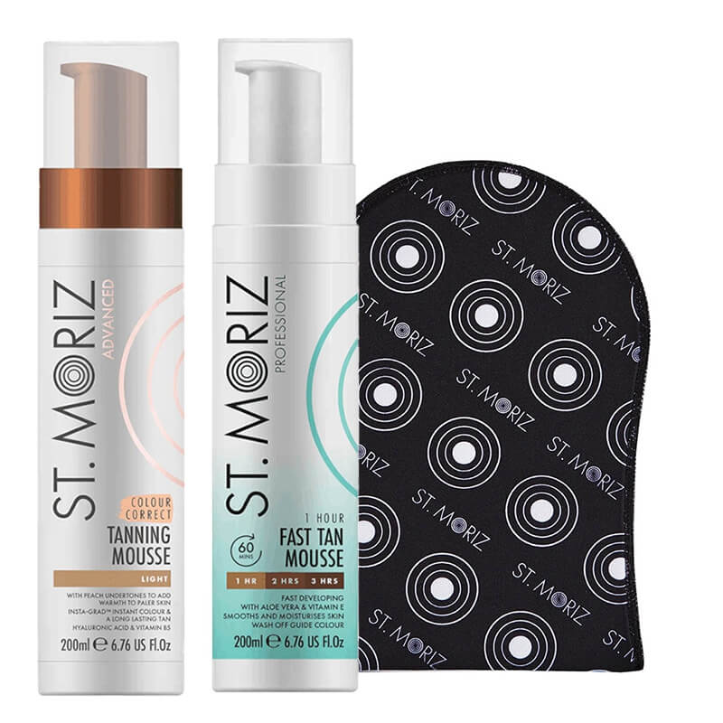 St Moriz Colour Correct Tan ZESTAW Samoopalająca pianka o jasnym odcieniu 200 ml + Błyskawiczny mus samoopalający 200 ml + Rękawica 1 szt