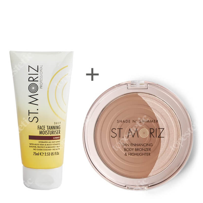 St Moriz Daily Face Tanning Moisturiser Light + Body Bronzer and Highlighter ZESTAW Samoopalający krem do twarzy na dzień 75 ml + Bronzer i rozświetlacz do twarzy i ciała 35 g