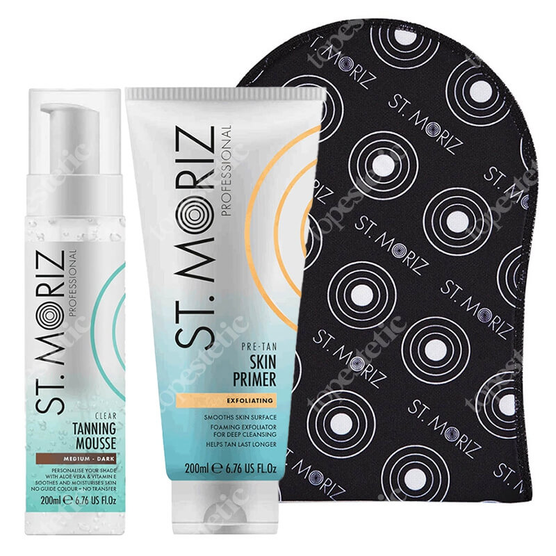 St Moriz Exfoliating Skin Primer + Clear Tanning Mousse Medium - Dark + Tanning Applicator Mitt ZESTAW Peeling przygotowujący skórę do opalania 200 ml + Mus do opalania z efektem korekty koloru 200 ml + Rękawica 1 szt