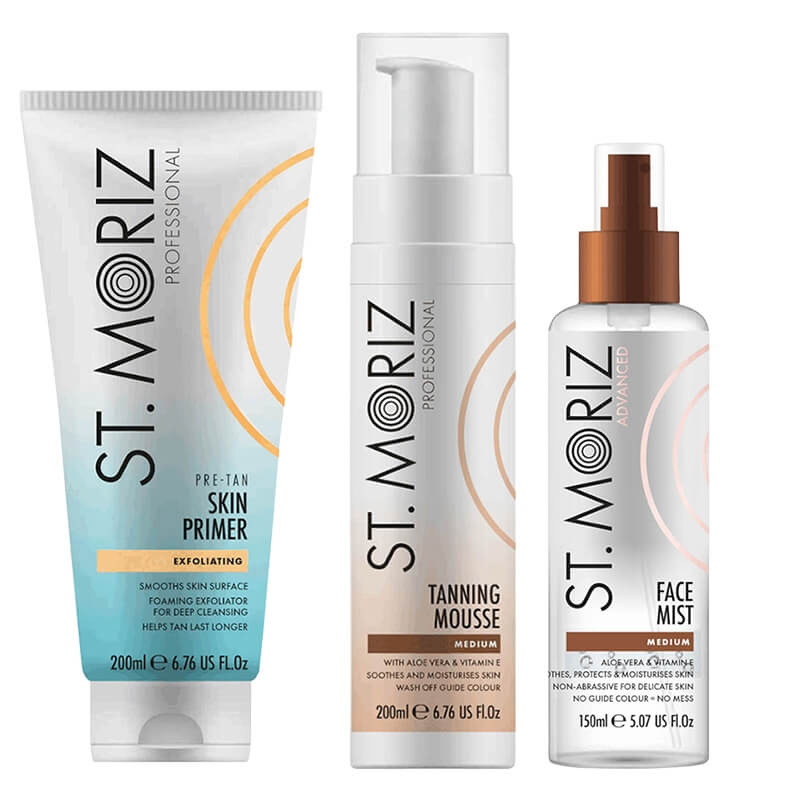 St Moriz Exfoliating Skin Primer + Face Mist Medium + Tanning Mousse ZESTAW Peeling 200 ml + Samoopalająca mgiełka do twarzy 150 ml + Mus samoopalający o średnim odcieniu 200 ml