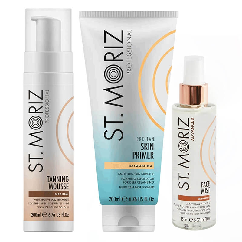 St Moriz Exfoliating Skin Primer + Face Mist Medium + Tanning Mousse ZESTAW Peeling 200 ml + Samoopalająca mgiełka do twarzy 150 ml + Mus samoopalający o średnim odcieniu 200 ml