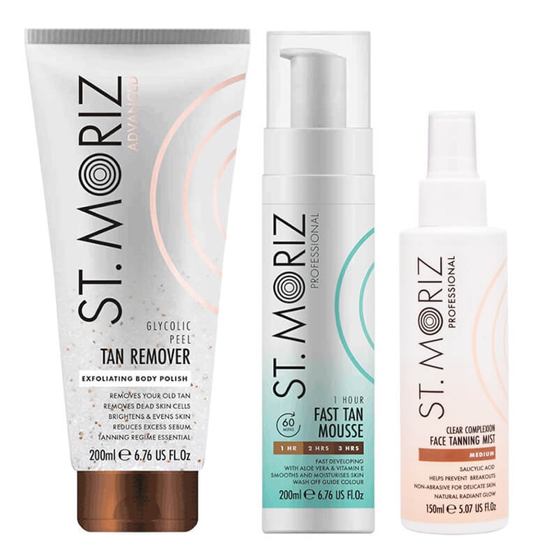 St Moriz Fast Tan ZESTAW Peeling 200 ml + Mgiełka samoopalająca do twarzy 150 ml + Błyskawiczny mus samoopalający 200 ml