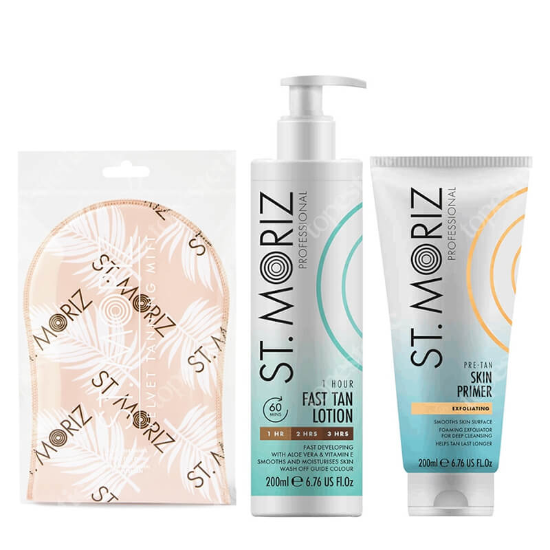 St Moriz Fast Tan ZESTAW Peeling przygotowujący skórę do opalania 200 ml + Błyskawiczny balsam samoopalający 200 ml + Rękawica 1 szt