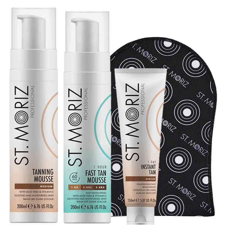 St Moriz Favorite Set ZESTAW Zmywalny bronzer do ciała 150 ml + Rękawica 1 szt + Mus samoopalający (Medium) 200 ml + Błyskawiczny mus samoopalający 200 ml