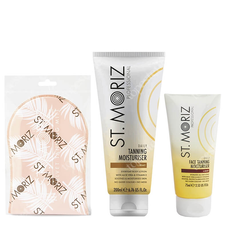 St Moriz Golden Glow Set ZESTAW Balsam nawilżający, stopniowo budujący opaleniznę 200 ml + Samoopalający krem do twarzy na dzień 75 ml + Rękawica 1 szt