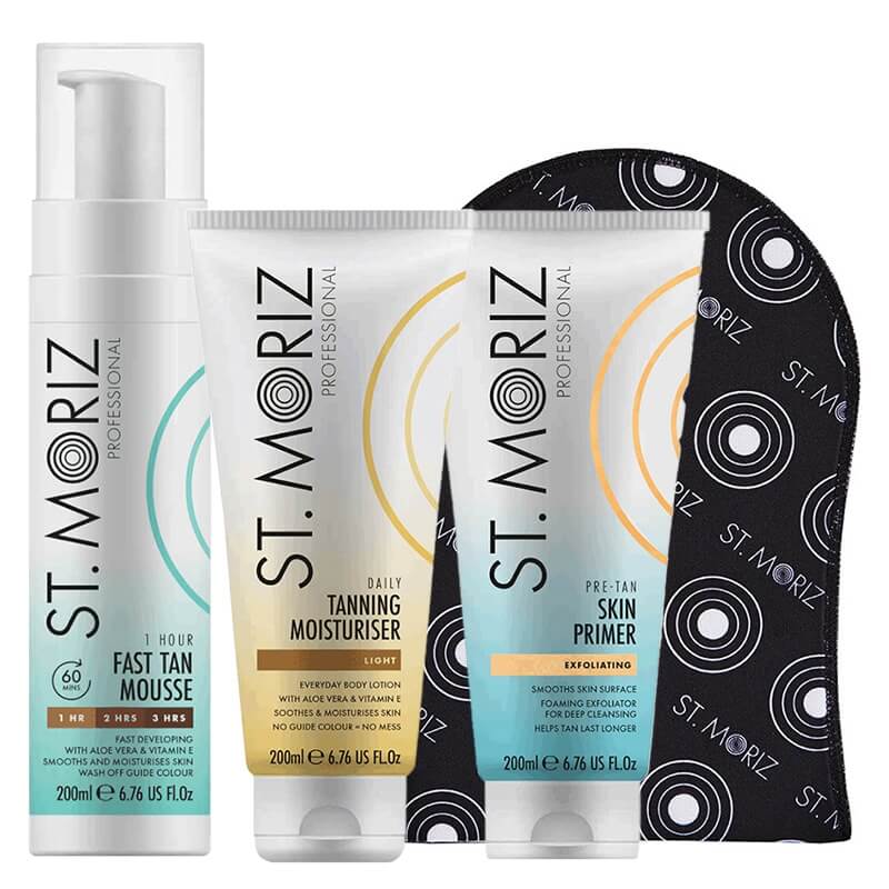 St Moriz Golden Glow Skin ZESTAW Peeling 200 ml + Balsam budujący opaleniznę 200 ml + Rękawica 1 szt + Mus samoopalający 200 ml
