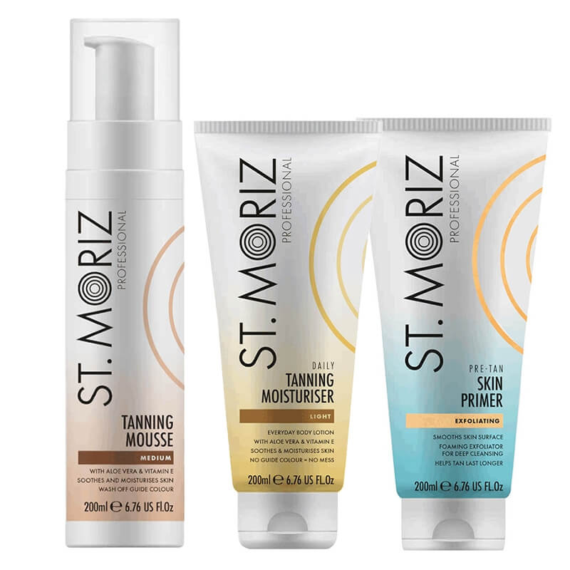 St Moriz Golden Glow Tanning ZESTAW Peeling 200 ml + Mus samoopalający (Medium) 200 ml + Balsam stopniowo budujący opaleniznę 200 ml
