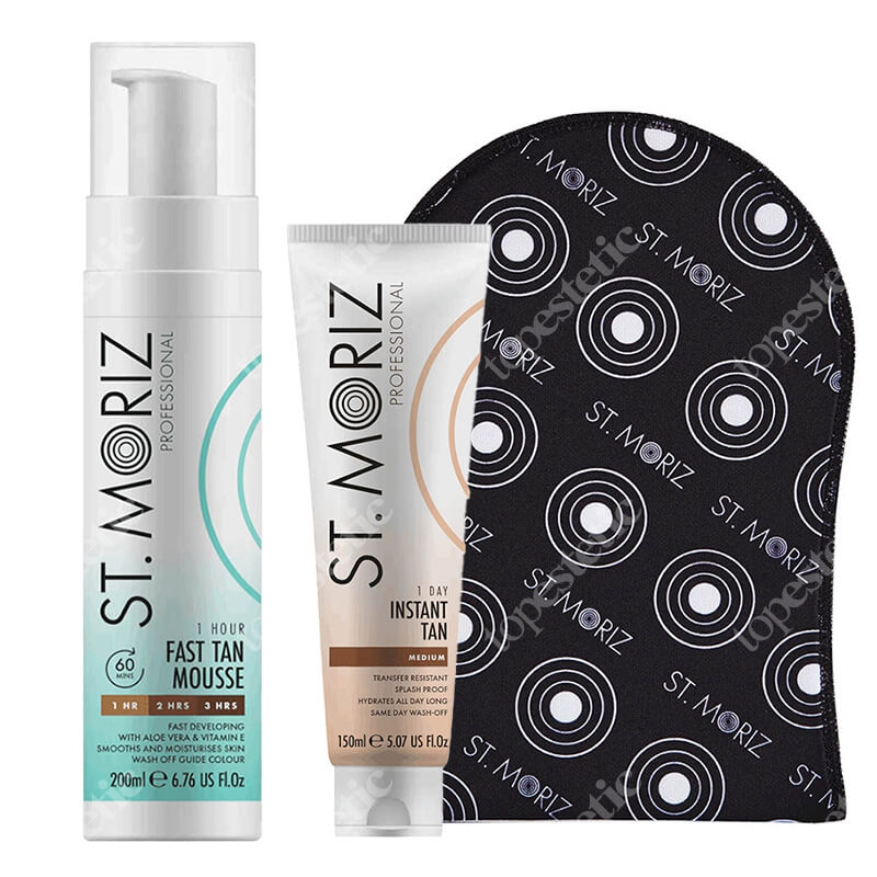 St Moriz Super Tan Set ZESTAW Błyskawiczny mus samoopalający 200 ml + Natychmiastowy zmywalny bronzer do ciała 150 ml + Rękawica 1 szt