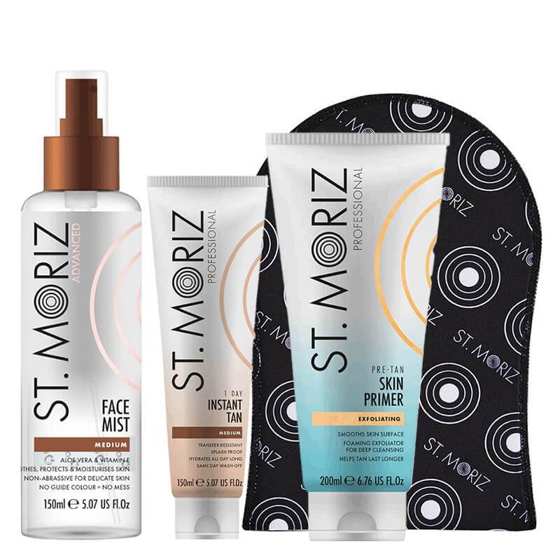 St Moriz Super Tan ZESTAW Peeling 200 ml + Zmywalny bronzer 150 ml + Rękawica 1 szt + Samoopalająca mgiełka do twarzy 150 ml