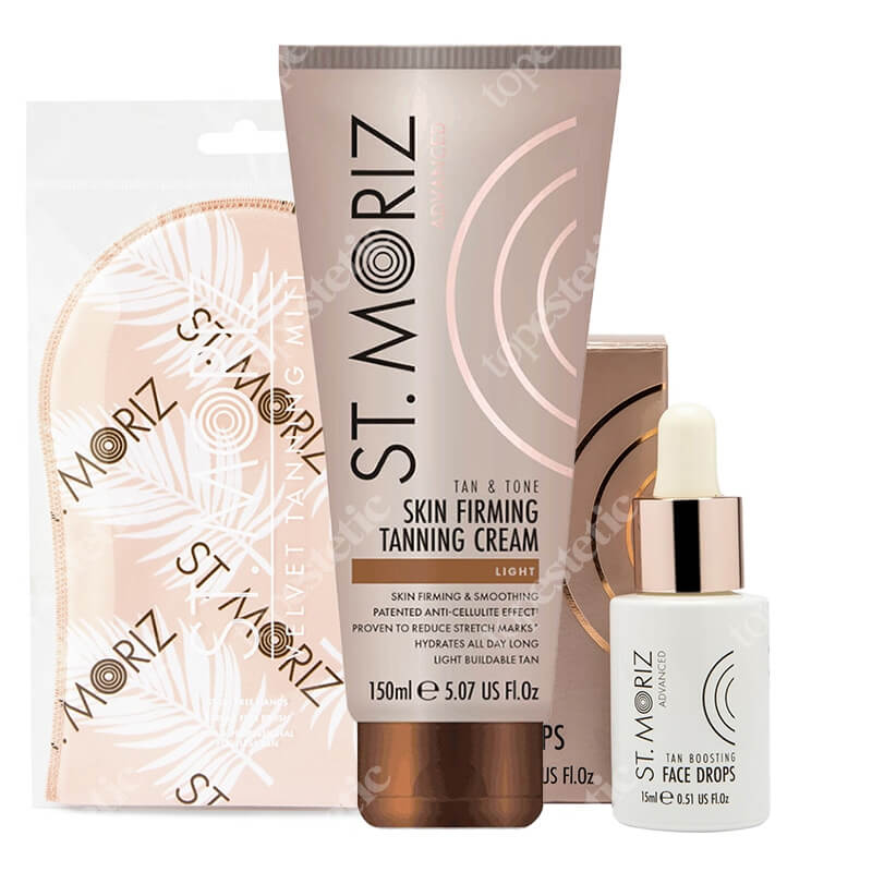 St Moriz Tan And Tone ZESTAW Ujędrniający balsam samoopalający kolor jasny 150 ml + Serum samoopalające do twarzy 15 ml + Rękawica 1 szt
