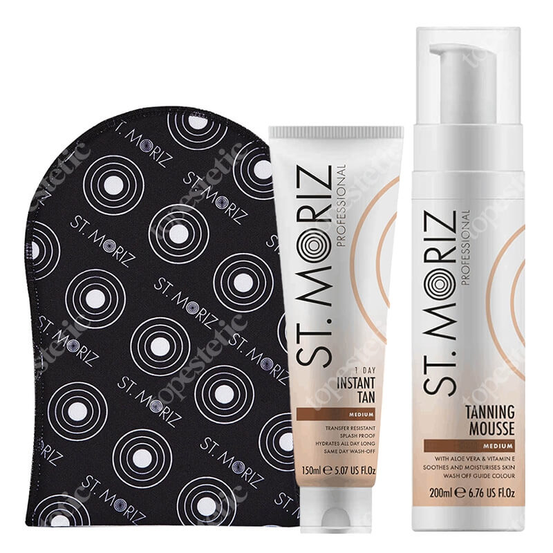 St Moriz Tan Medium ZESTAW Mus samoopalający (Medium) 200 ml + Natychmiastowy zmywalny bronzer do ciała 150 ml + Rękawica 1 szt