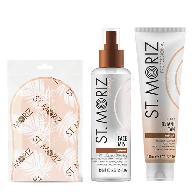 St Moriz Tan Medium ZESTAW Natychmiastowy zmywalny bronzer do ciała 150 ml + Samoopalająca mgiełka do twarzy 150 ml + Rękawica 1 szt