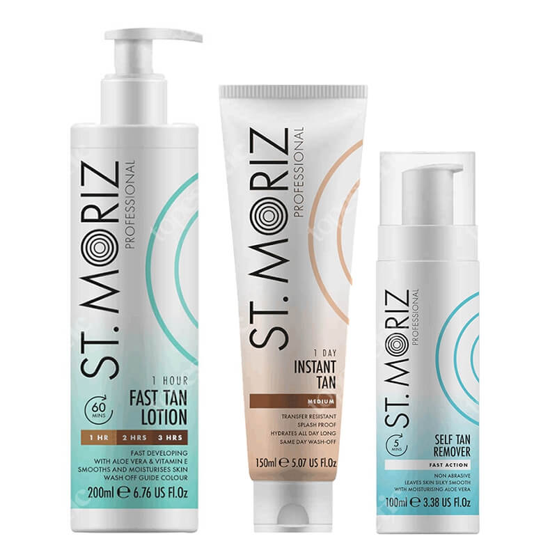 St Moriz Tan Set ZESTAW Błyskawiczny balsam samoopalający 200 ml + Pianka do usuwania opalenizny 100 ml + Natychmiastowy zmywalny bronzer do ciała 150 ml