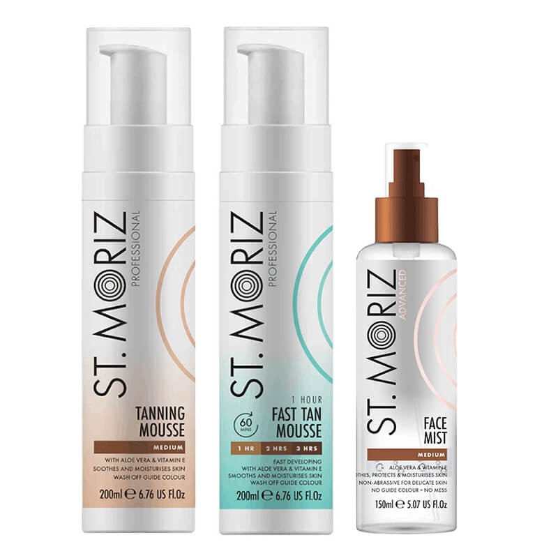 St Moriz Tan Super Set ZESTAW Samoopalająca mgiełka do twarzy 150 ml + Mus samoopalający (Medium) 200 ml + Błyskawiczny mus samoopalający 200 ml