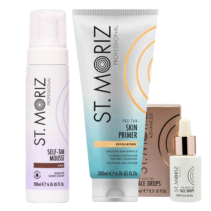 St Moriz Tanning Face And Body ZESTAW Peeling przygotowujący skórę do opalania 200 ml + Serum samoopalające do twarzy 15 ml + Mus samoopalający (Dark) 200 ml