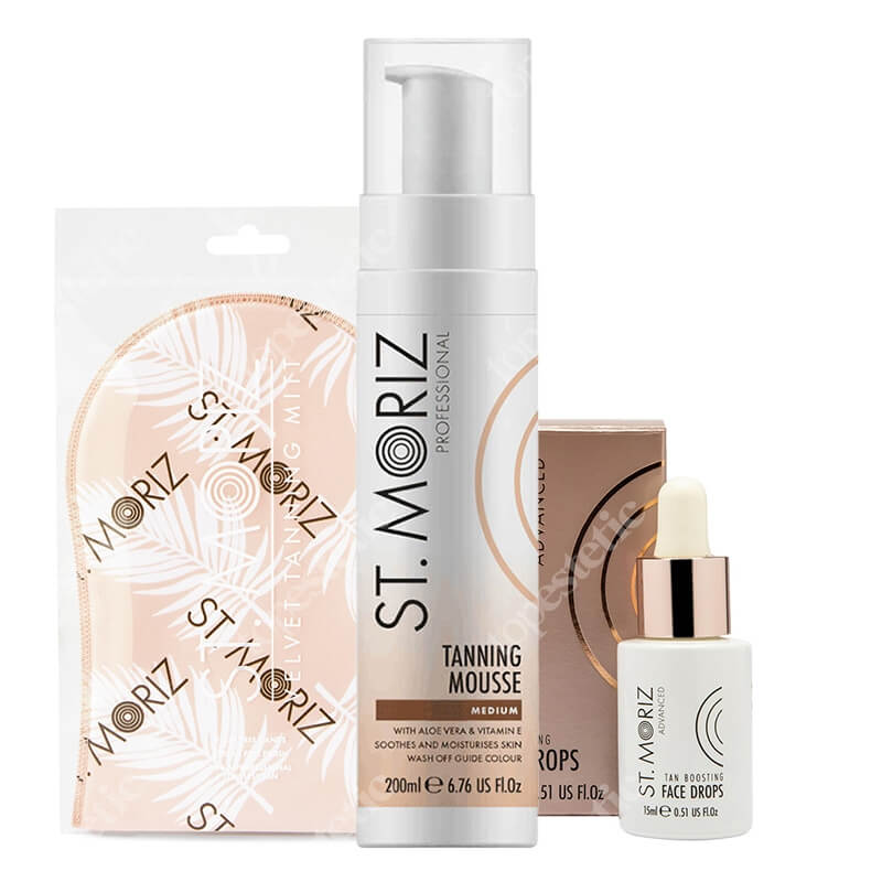 St Moriz Tanning Medium Set ZESTAW Mus samoopalający o średnim odcieniu (Medium) 200 ml + Serum samoopalające do twarzy 15 ml + Rękawica 1 szt