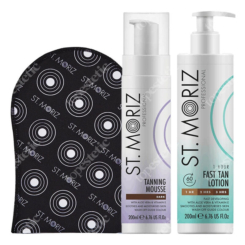 St Moriz Tanning Set ZESTAW Mus samoopalający o ciemnym odcieniu (Dark) 200 ml + Błyskawiczny balsam samoopalający 200 ml + Rękawica 1 szt