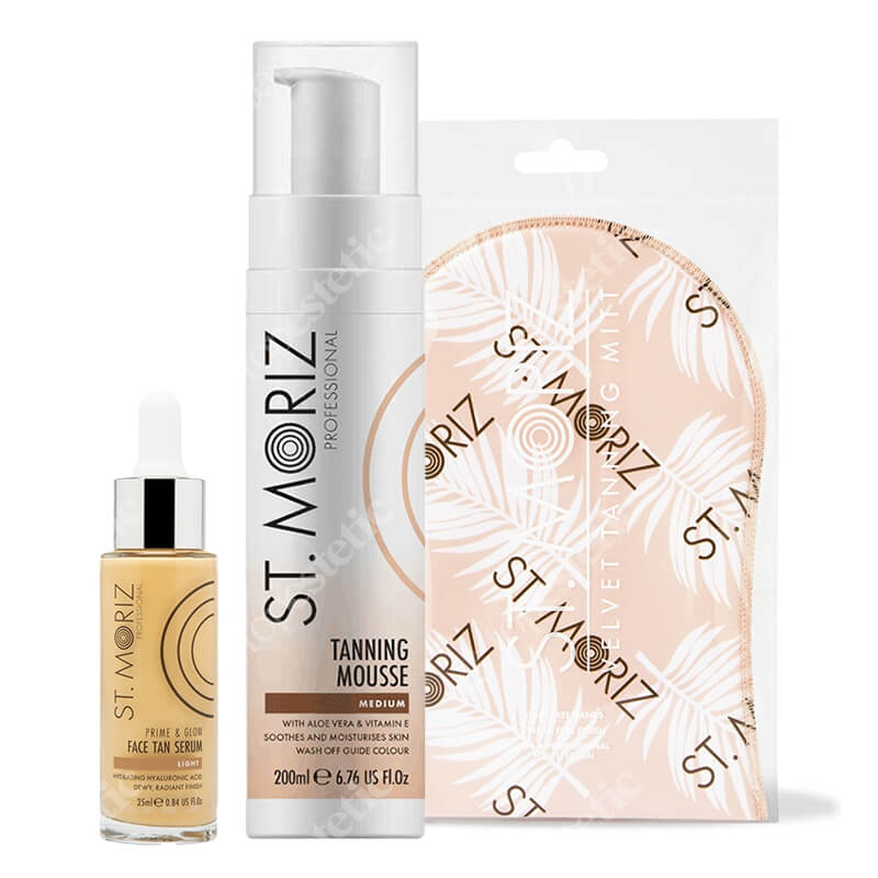 St Moriz Tanning Set ZESTAW Mus samoopalający o średnim odcieniu (Medium) 200 ml + Samoopalające serum do twarzy 25 ml + Rękawica 1 szt