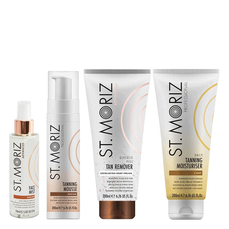 St Moriz Tanning Set ZESTAW Samoopalająca mgiełka do twarzy 150 ml + Mus samoopalający 200 ml + Peeling 200 ml + Balsam budujący opaleniznę 200 ml