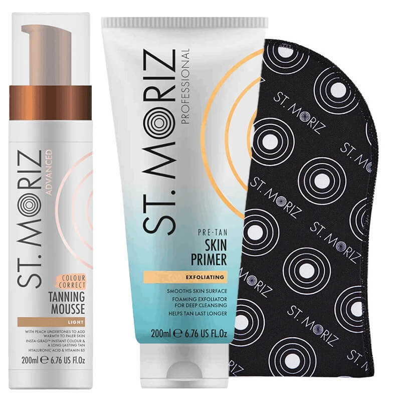 St Moriz Tanning Set ZESTAW Samoopalająca pianka o jasnym odcieniu 200 ml + Rękawica 1 szt + Peeling przygotowujący skórę do opalania 200 ml
