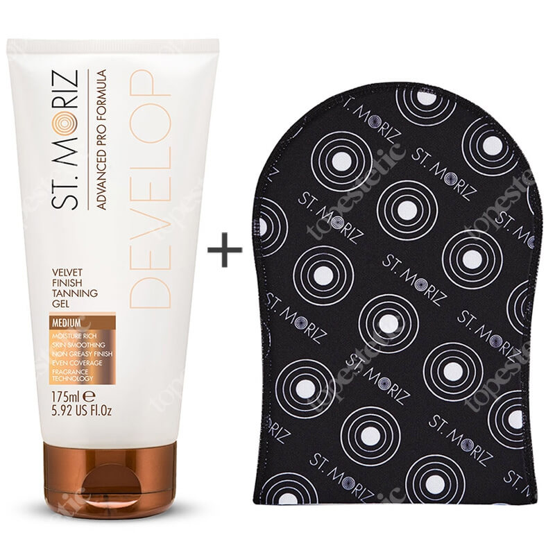 St Moriz Velvet Finish Tanning Gel Medium + Tanning Applicator Mitt ZESTAW Żel samoopalający korygujący niedoskonałości (średni) 175 ml + Rękawica