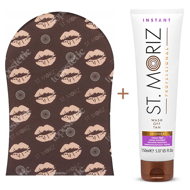 St Moriz Wash Off Tan Shimmer + Tanning Applicator Mitt ZESTAW Bronzer do ciała (średni z drobinkami) 150 ml + Rękawica